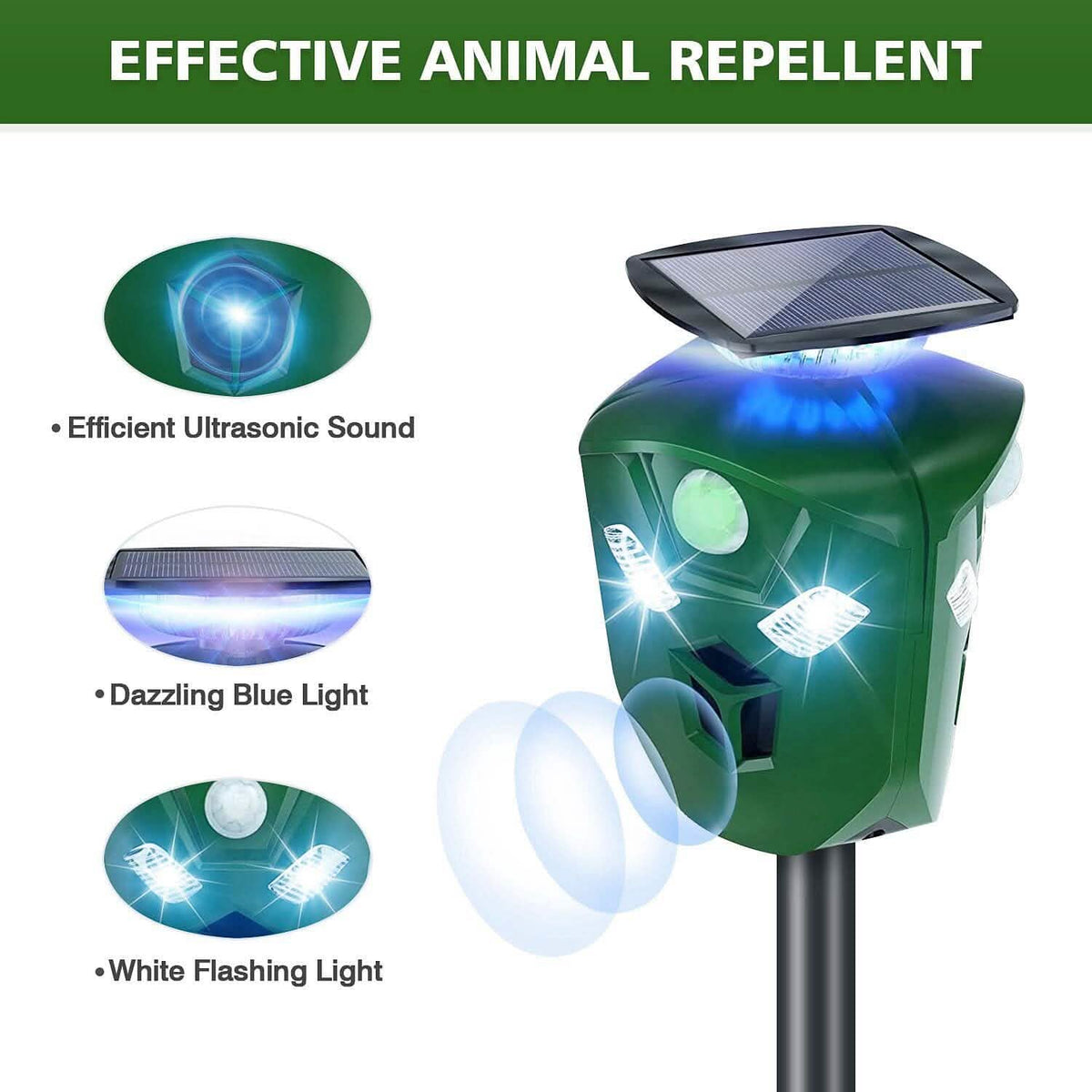 360° Electric Solar Powered Ultrasonic Repeller with Motion Sensor LED Flashing Lights - A-1 Thread Vault