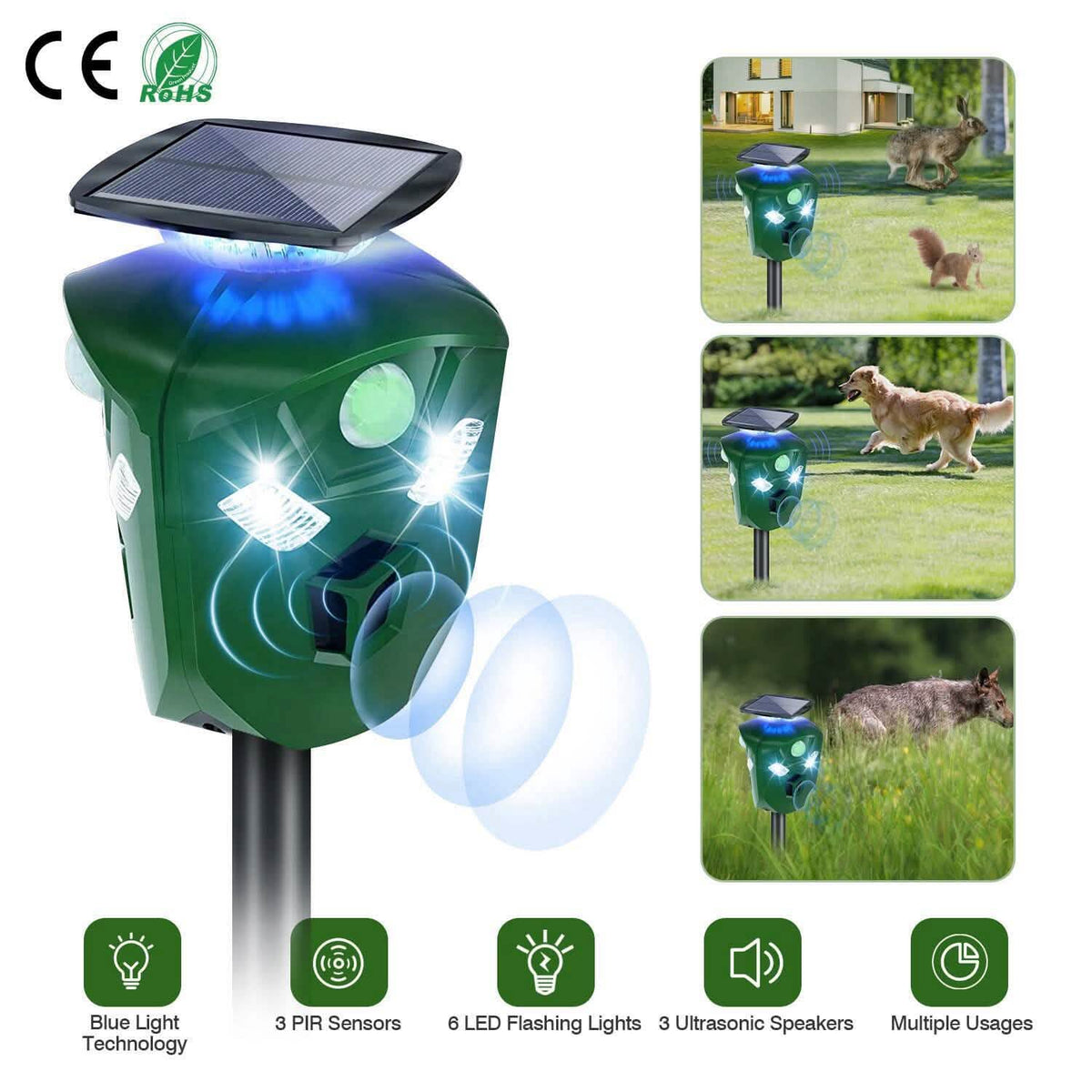 360° Electric Solar Powered Ultrasonic Repeller with Motion Sensor LED Flashing Lights - A-1 Thread Vault
