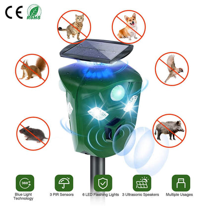 360° Electric Solar Powered Ultrasonic Repeller with Motion Sensor LED Flashing Lights - A-1 Thread Vault