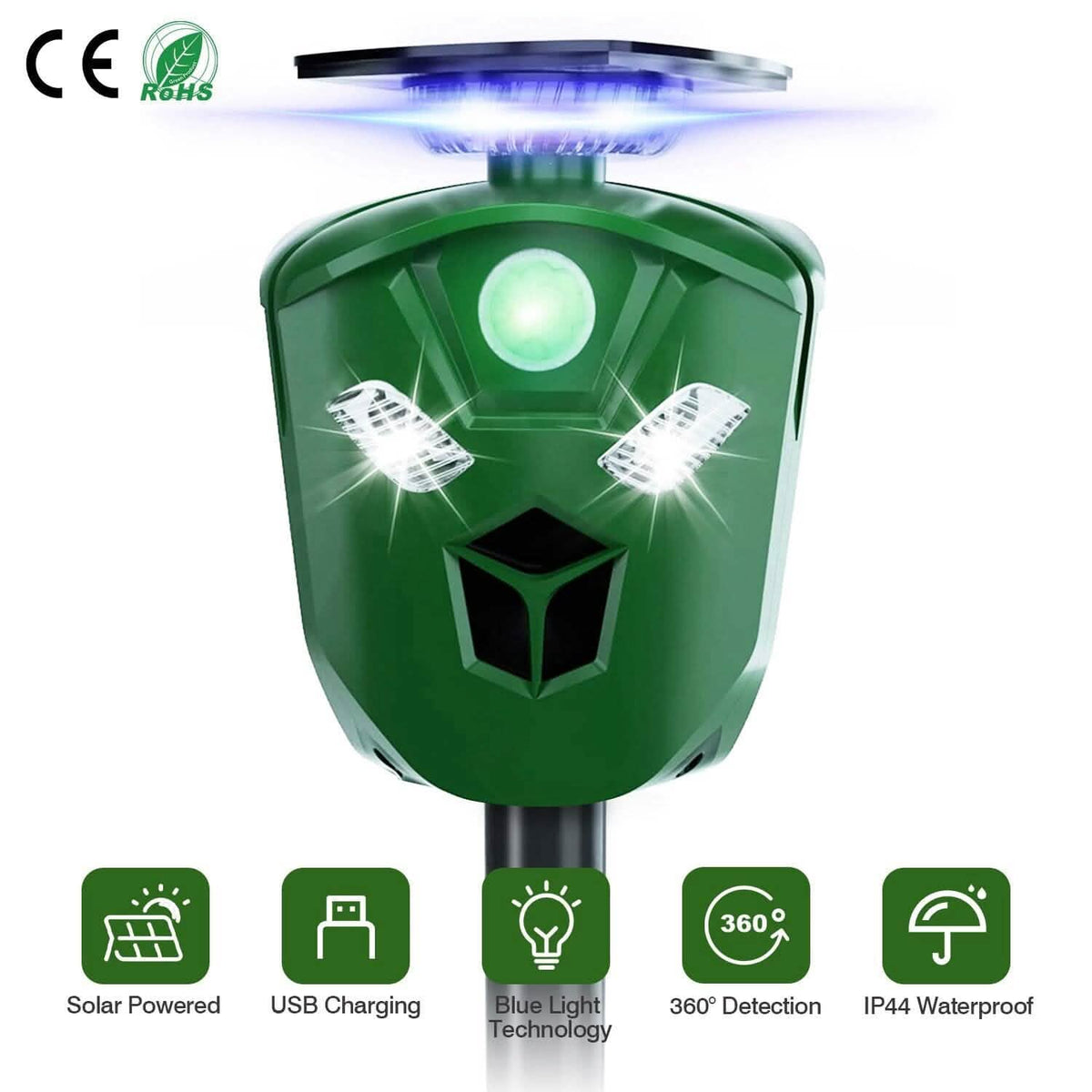 360° Electric Solar Powered Ultrasonic Repeller with Motion Sensor LED Flashing Lights - A-1 Thread Vault