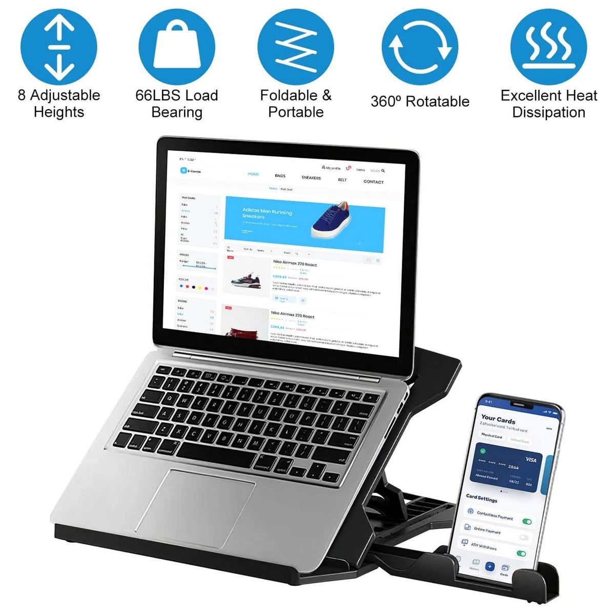 360º Rotating Laptop Riser Stand with Phone Stand 8 Level Adjustable Height - A-1 Thread Vault
