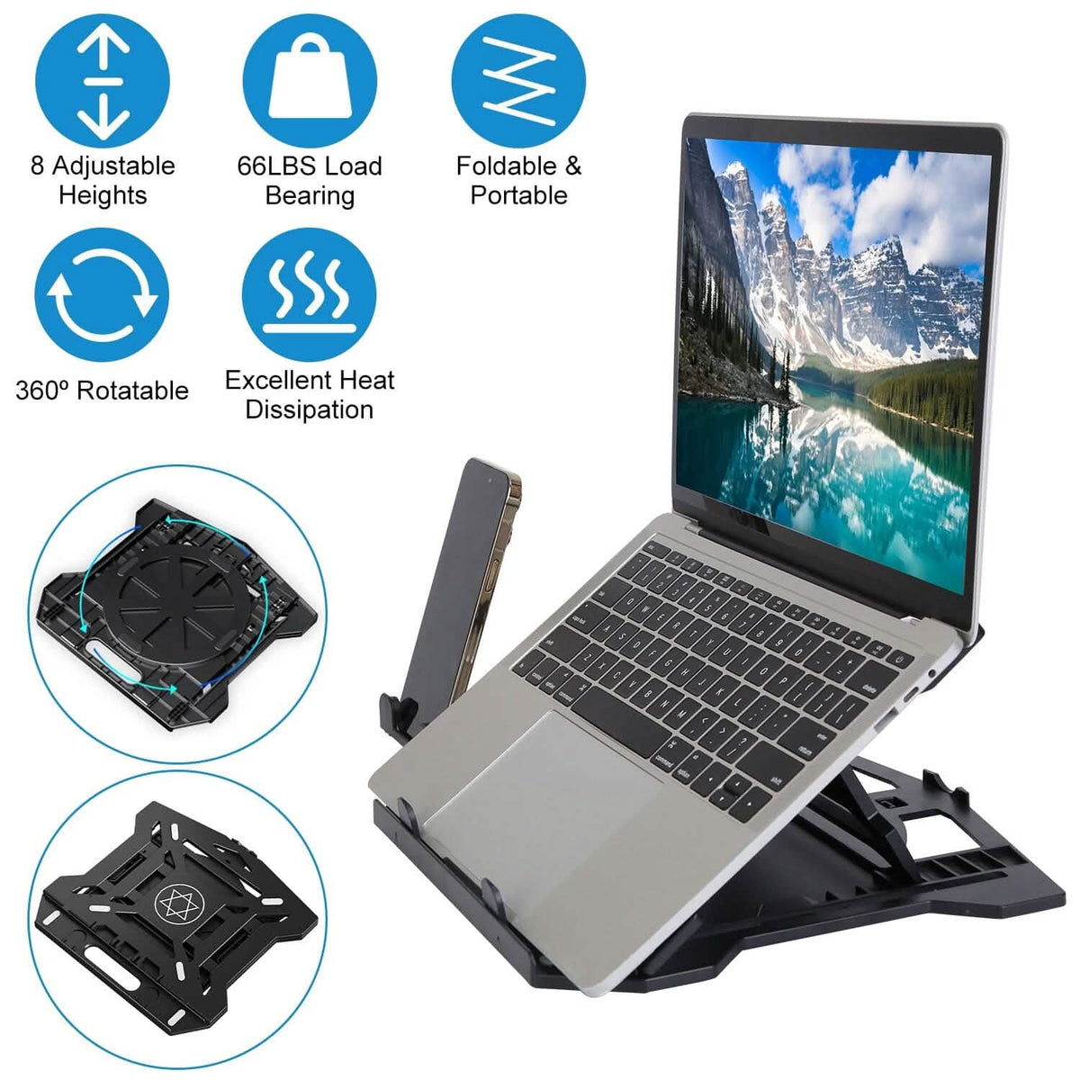 360º Rotating Laptop Riser Stand with Phone Stand 8 Level Adjustable Height - A-1 Thread Vault