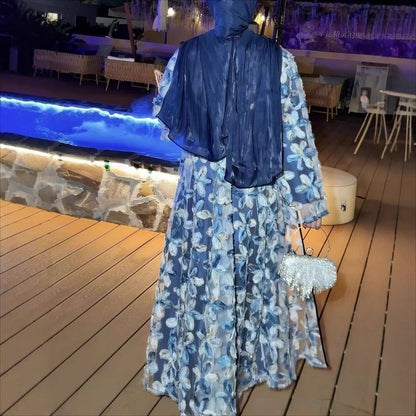 3D Floral Embroidered Mesh Open Abaya Set(MOA302) - A-1 Thread Vault