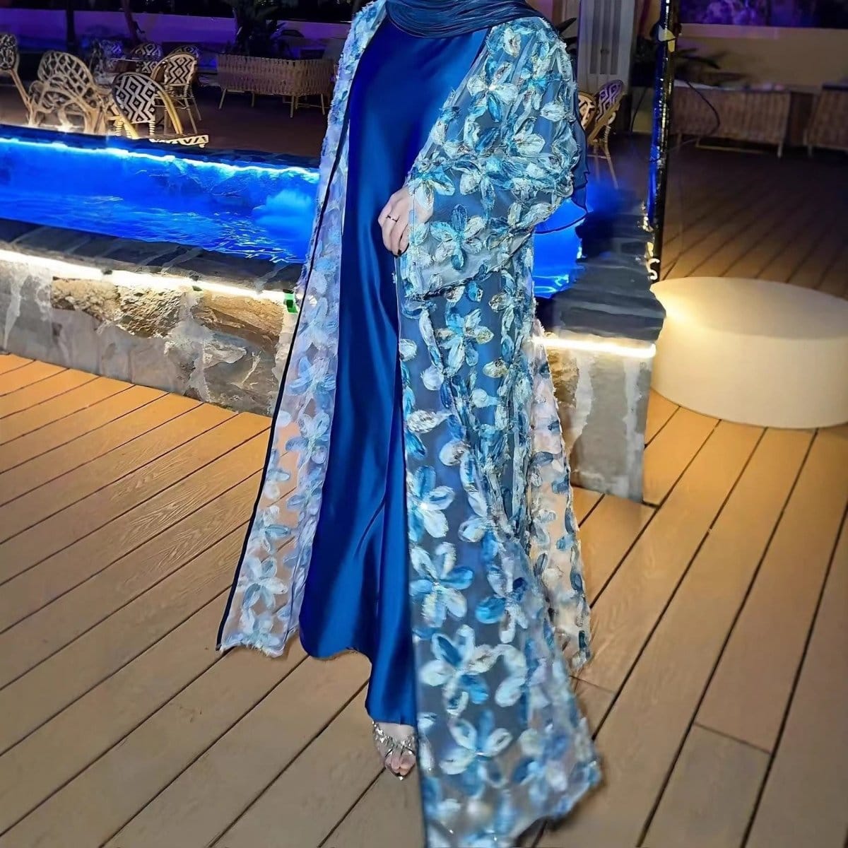 3D Floral Embroidered Mesh Open Abaya Set(MOA302) - A-1 Thread Vault