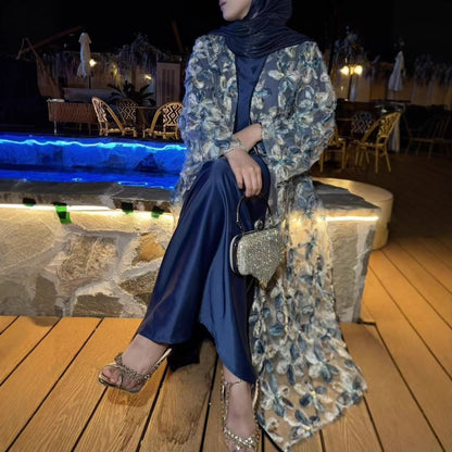 3D Floral Embroidered Mesh Open Abaya Set(MOA302) - A-1 Thread Vault