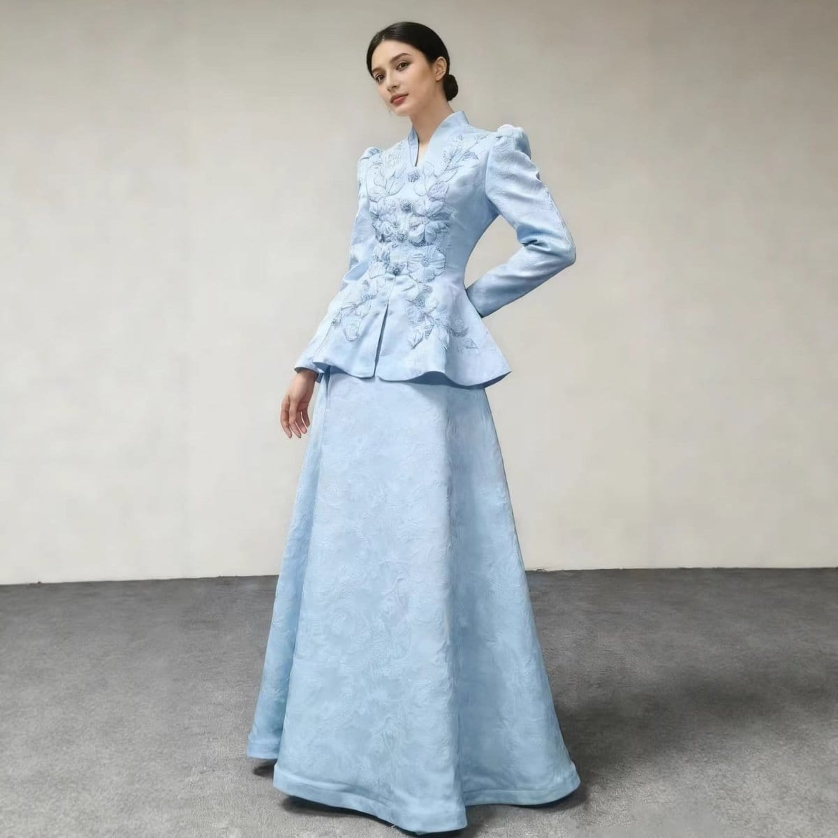 3D Floral Embroidered Peplum Top & Maxi Skirt Set(MS468) - A-1 Thread Vault