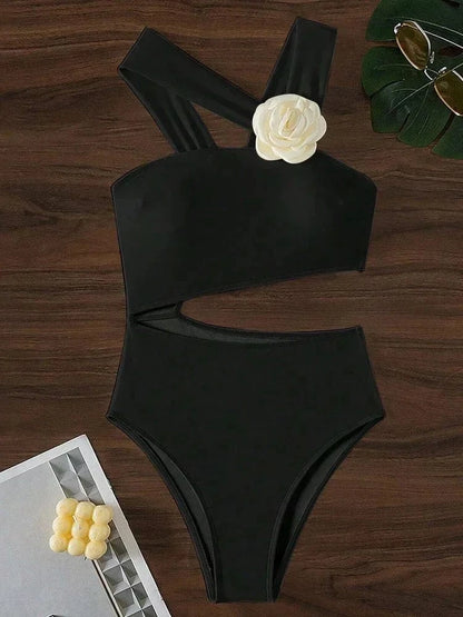 3D Flower Solid 2026 One-shoulder Swimwear Women Sexy Push UP Hollow One Piece Swimsuit Monokini Summer Beach Lady Bathing Suit - A-1 Thread Vault