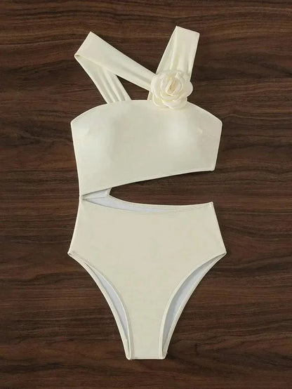 3D Flower Solid 2026 One-shoulder Swimwear Women Sexy Push UP Hollow One Piece Swimsuit Monokini Summer Beach Lady Bathing Suit - A-1 Thread Vault