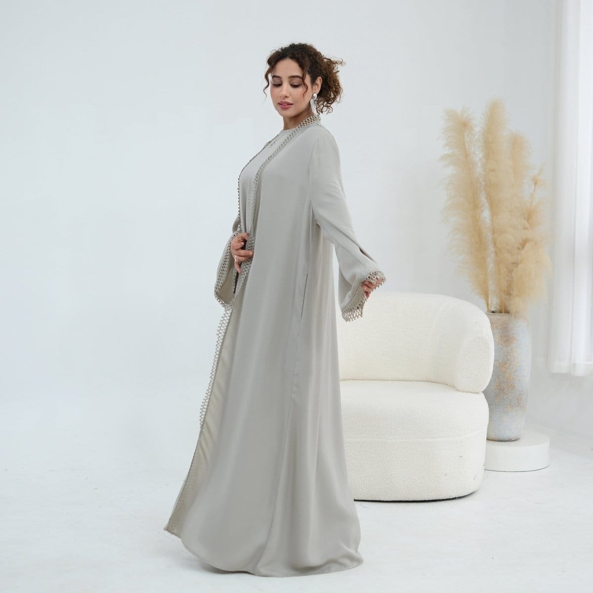 3D Lace Trim Open Abaya & Sleeveless Dress Set(MOA323) - A-1 Thread Vault