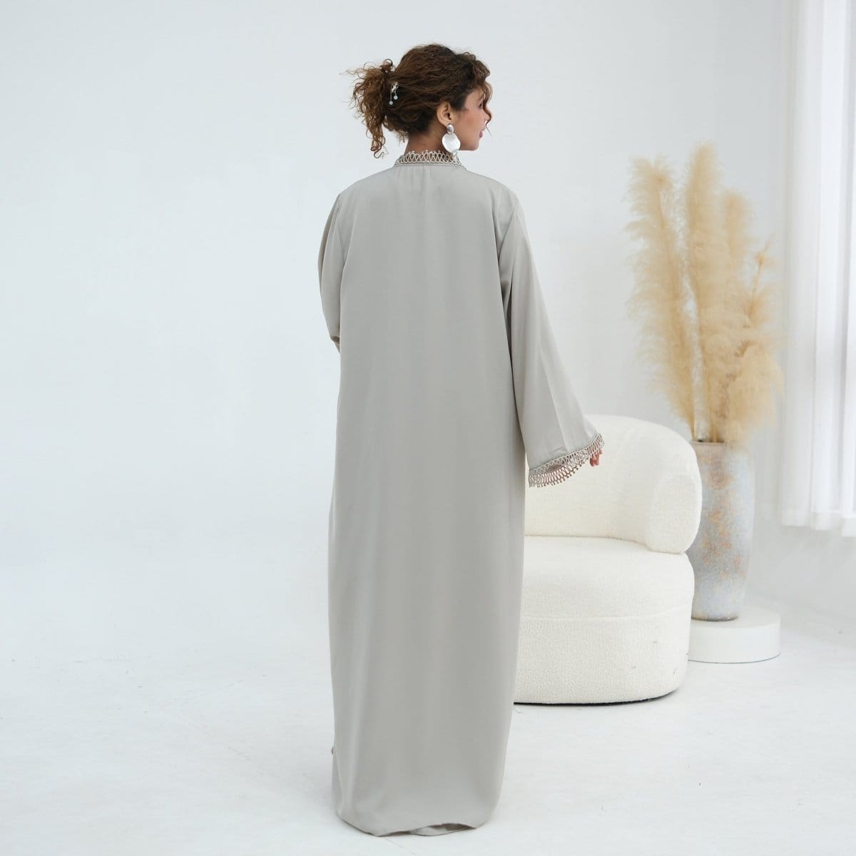3D Lace Trim Open Abaya & Sleeveless Dress Set(MOA323) - A-1 Thread Vault