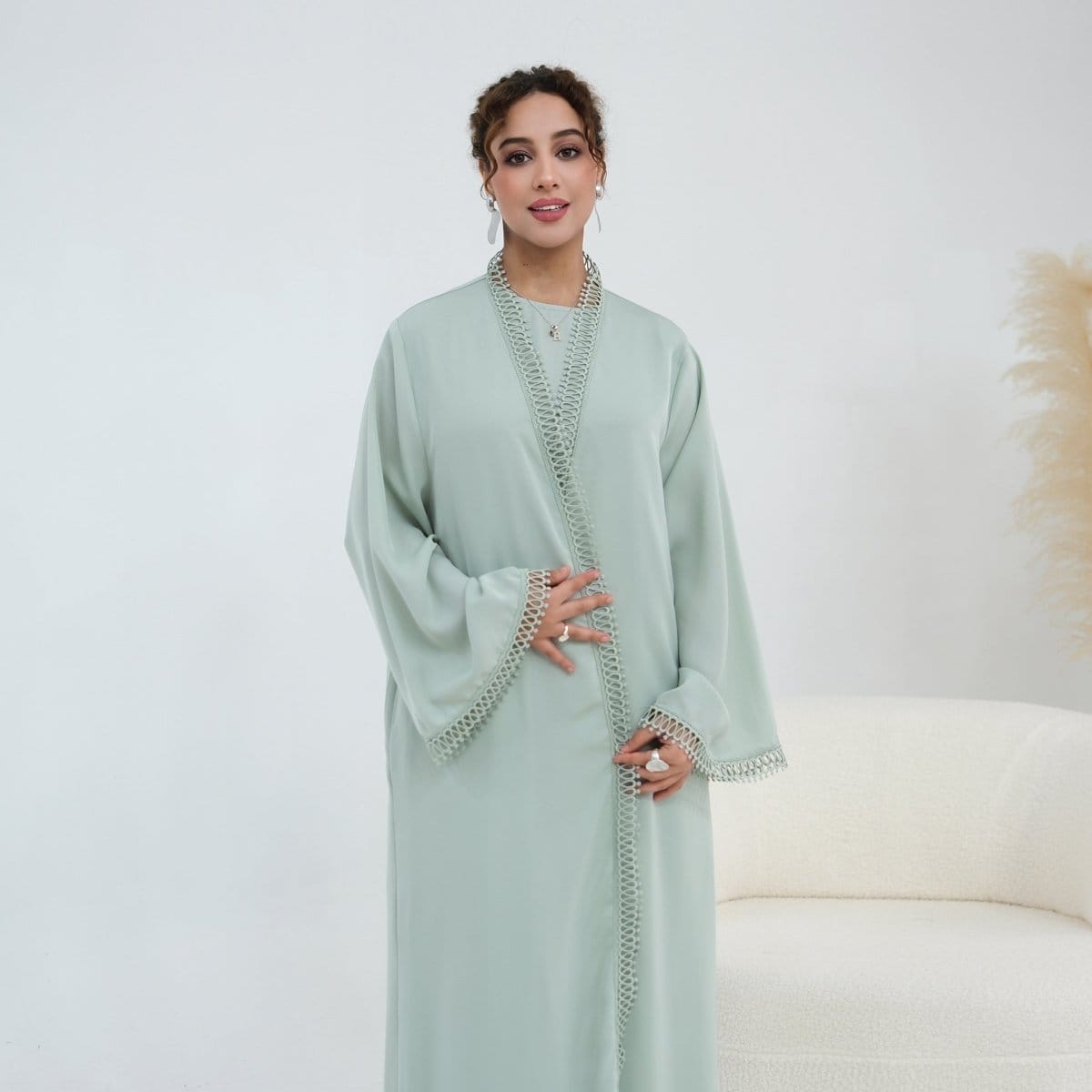 3D Lace Trim Open Abaya & Sleeveless Dress Set(MOA323) - A-1 Thread Vault