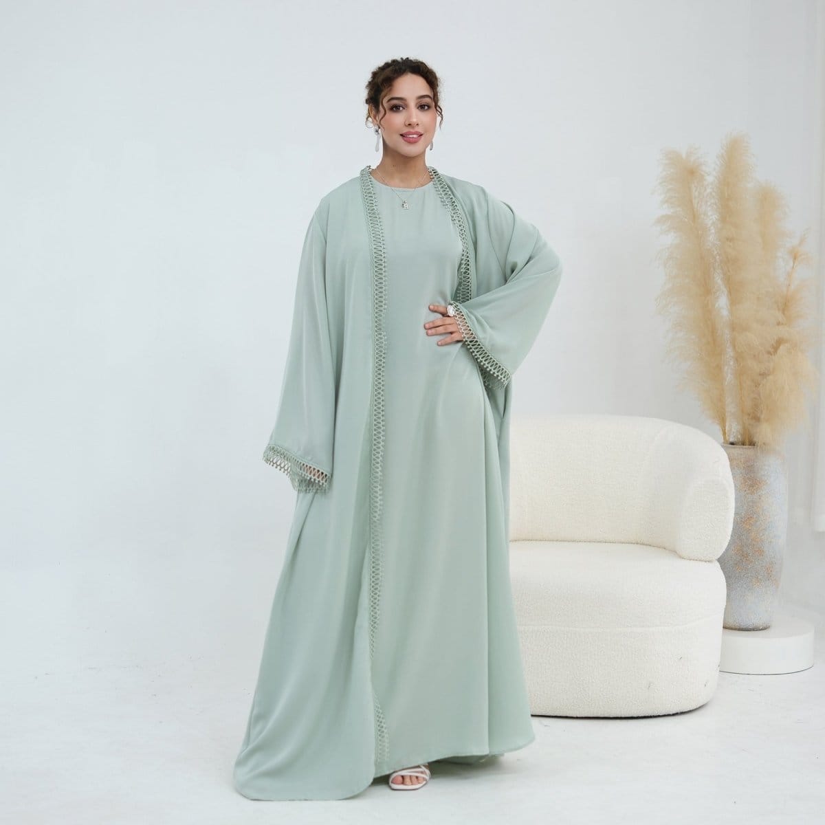 3D Lace Trim Open Abaya & Sleeveless Dress Set(MOA323) - A-1 Thread Vault