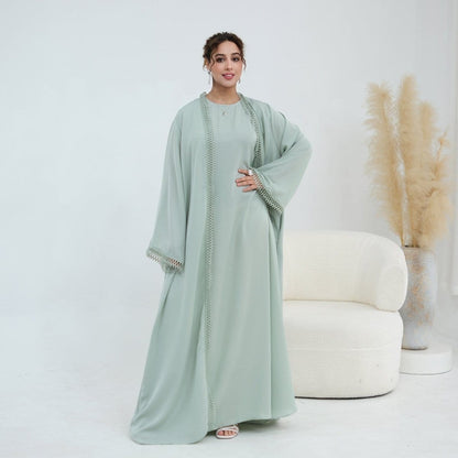 3D Lace Trim Open Abaya & Sleeveless Dress Set(MOA323) - A-1 Thread Vault