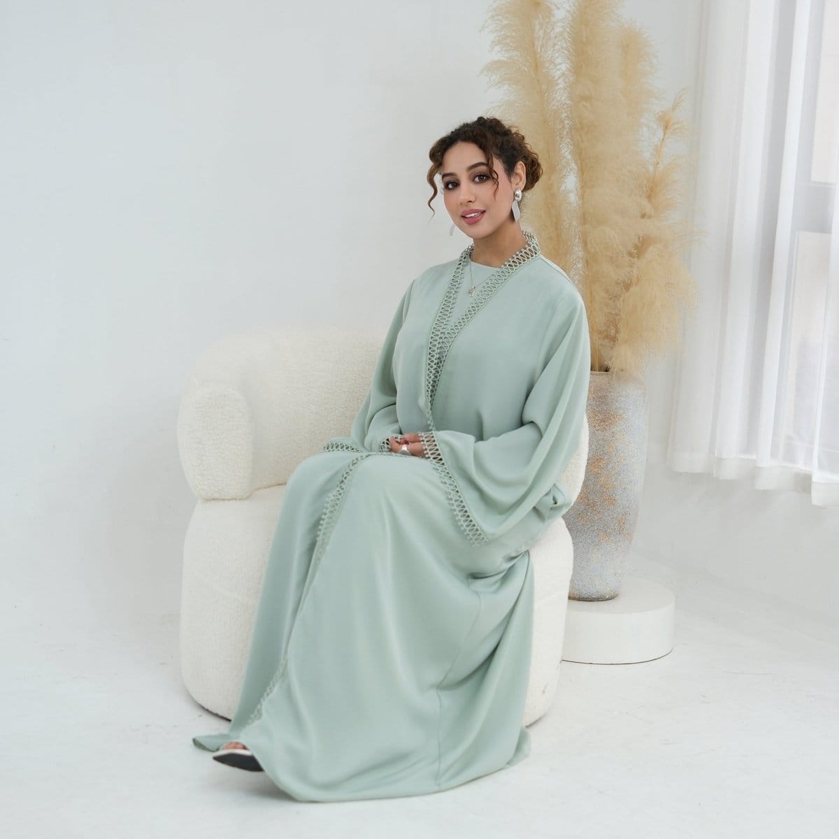 3D Lace Trim Open Abaya & Sleeveless Dress Set(MOA323) - A-1 Thread Vault