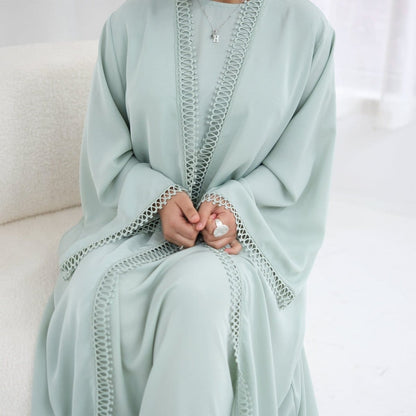 3D Lace Trim Open Abaya & Sleeveless Dress Set(MOA323) - A-1 Thread Vault