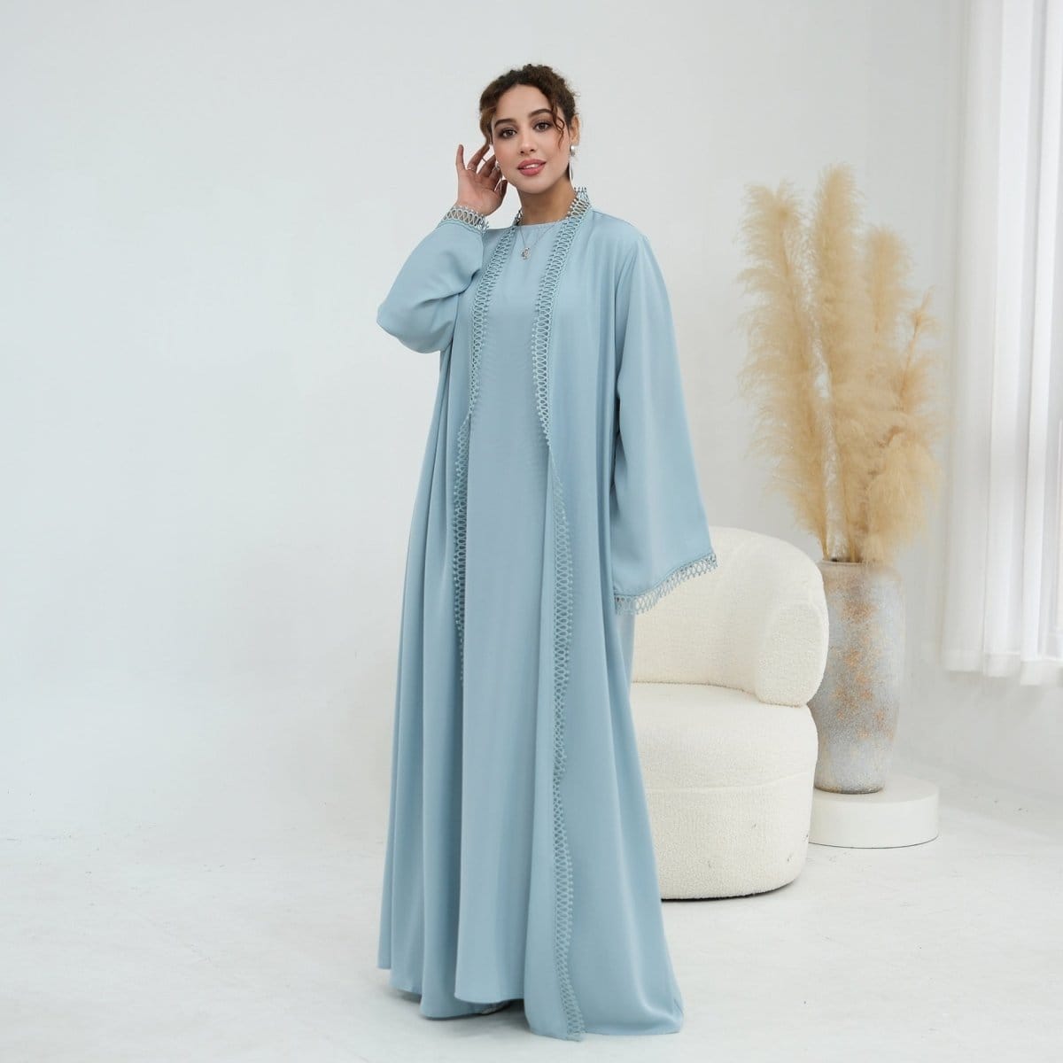 3D Lace Trim Open Abaya & Sleeveless Dress Set(MOA323) - A-1 Thread Vault