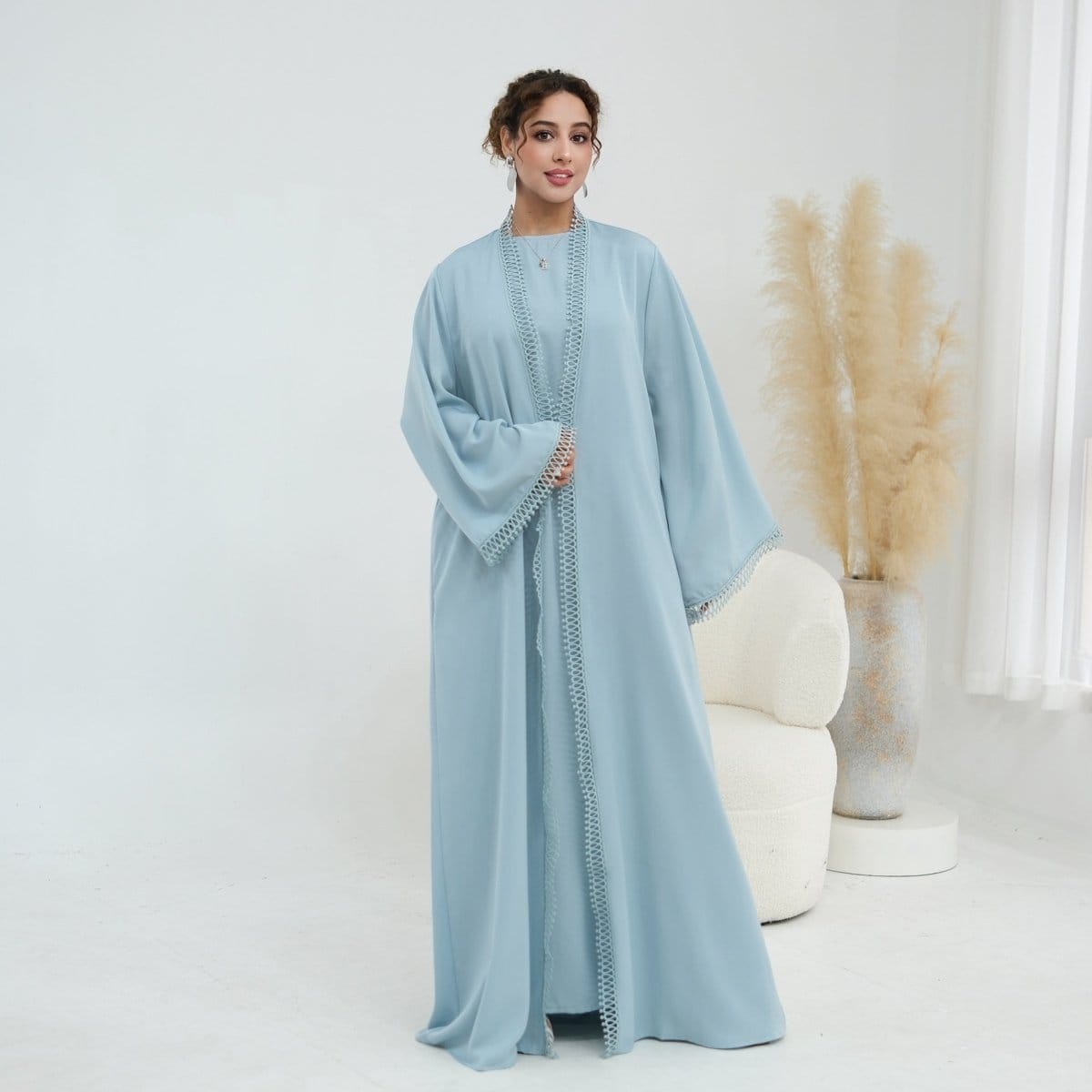 3D Lace Trim Open Abaya & Sleeveless Dress Set(MOA323) - A-1 Thread Vault