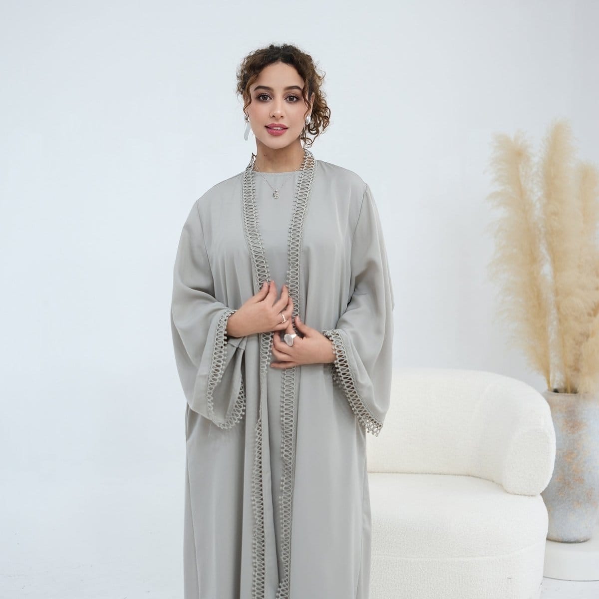 3D Lace Trim Open Abaya & Sleeveless Dress Set(MOA323) - A-1 Thread Vault