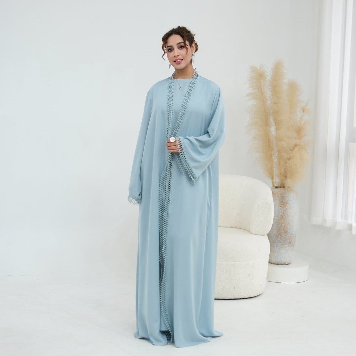 3D Lace Trim Open Abaya & Sleeveless Dress Set(MOA323) - A-1 Thread Vault