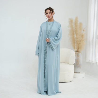 3D Lace Trim Open Abaya & Sleeveless Dress Set(MOA323) - A-1 Thread Vault