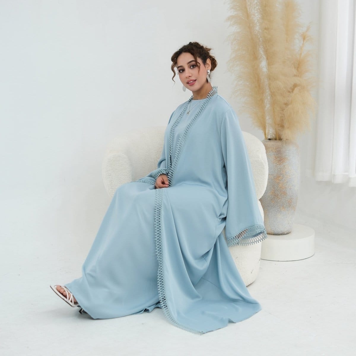 3D Lace Trim Open Abaya & Sleeveless Dress Set(MOA323) - A-1 Thread Vault