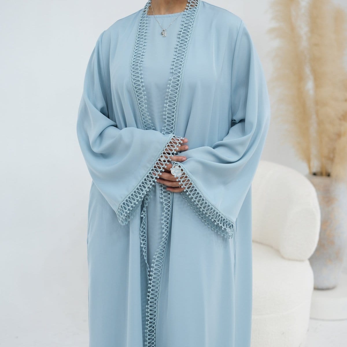 3D Lace Trim Open Abaya & Sleeveless Dress Set(MOA323) - A-1 Thread Vault