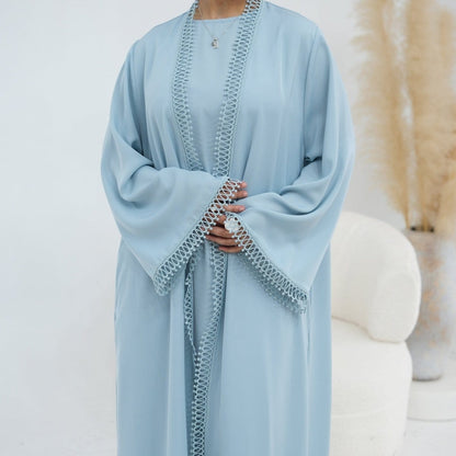 3D Lace Trim Open Abaya & Sleeveless Dress Set(MOA323) - A-1 Thread Vault