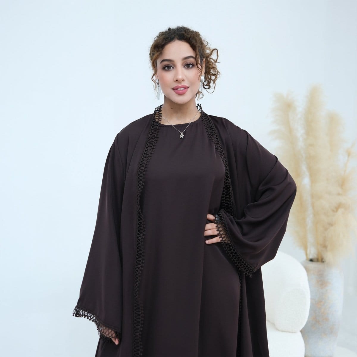 3D Lace Trim Open Abaya & Sleeveless Dress Set(MOA323) - A-1 Thread Vault