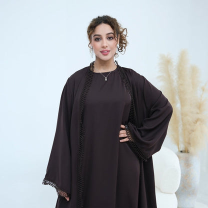 3D Lace Trim Open Abaya & Sleeveless Dress Set(MOA323) - A-1 Thread Vault