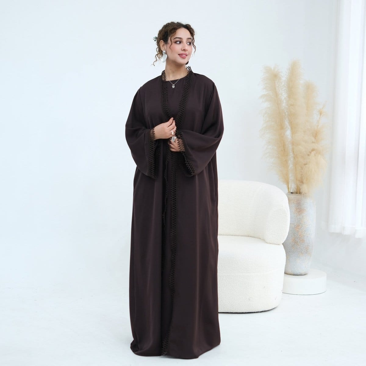 3D Lace Trim Open Abaya & Sleeveless Dress Set(MOA323) - A-1 Thread Vault