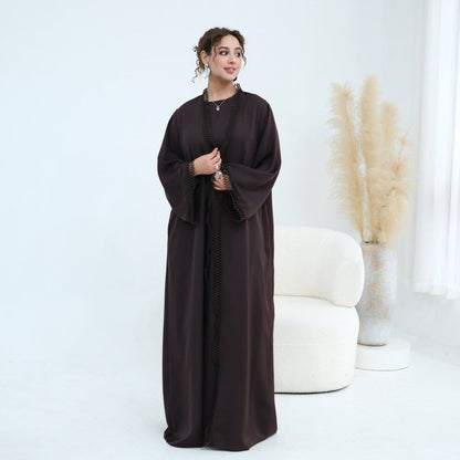 3D Lace Trim Open Abaya & Sleeveless Dress Set(MOA323) - A-1 Thread Vault