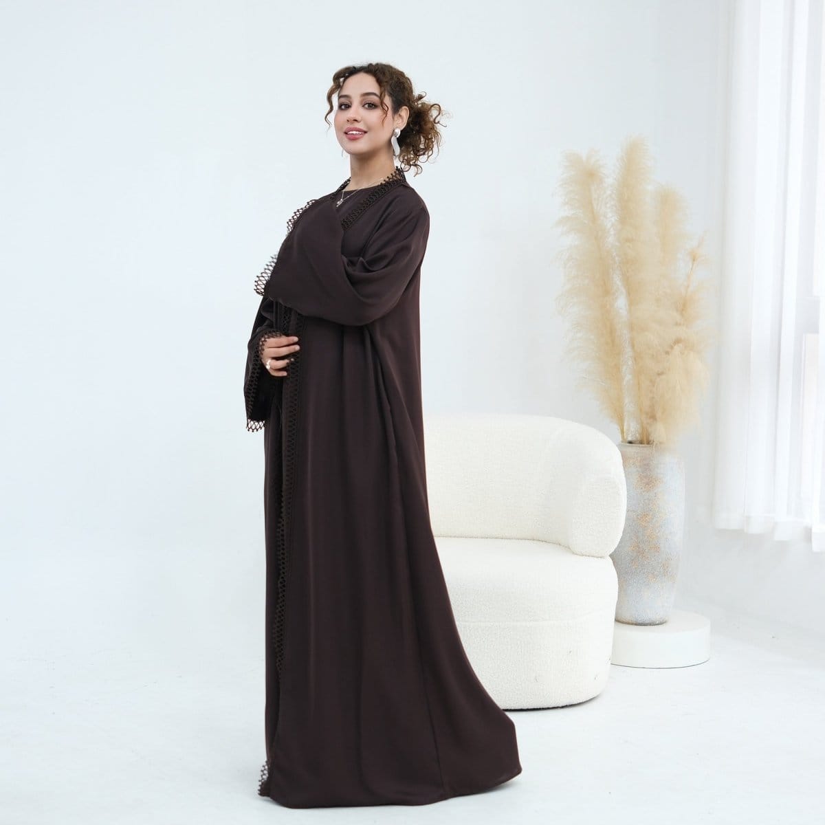 3D Lace Trim Open Abaya & Sleeveless Dress Set(MOA323) - A-1 Thread Vault