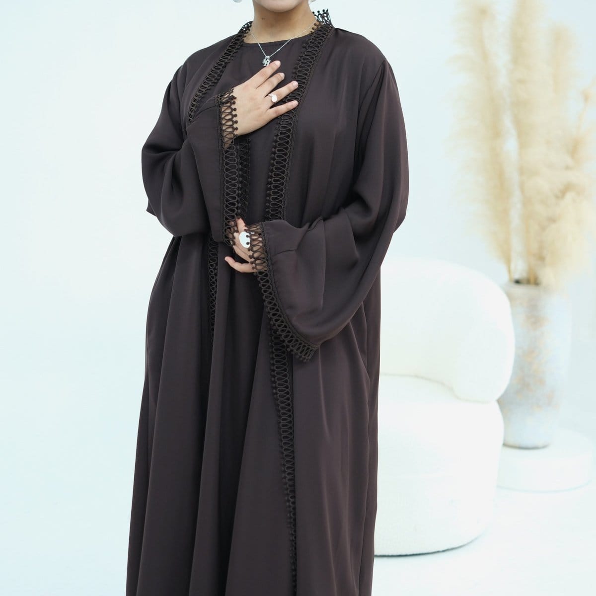 3D Lace Trim Open Abaya & Sleeveless Dress Set(MOA323) - A-1 Thread Vault
