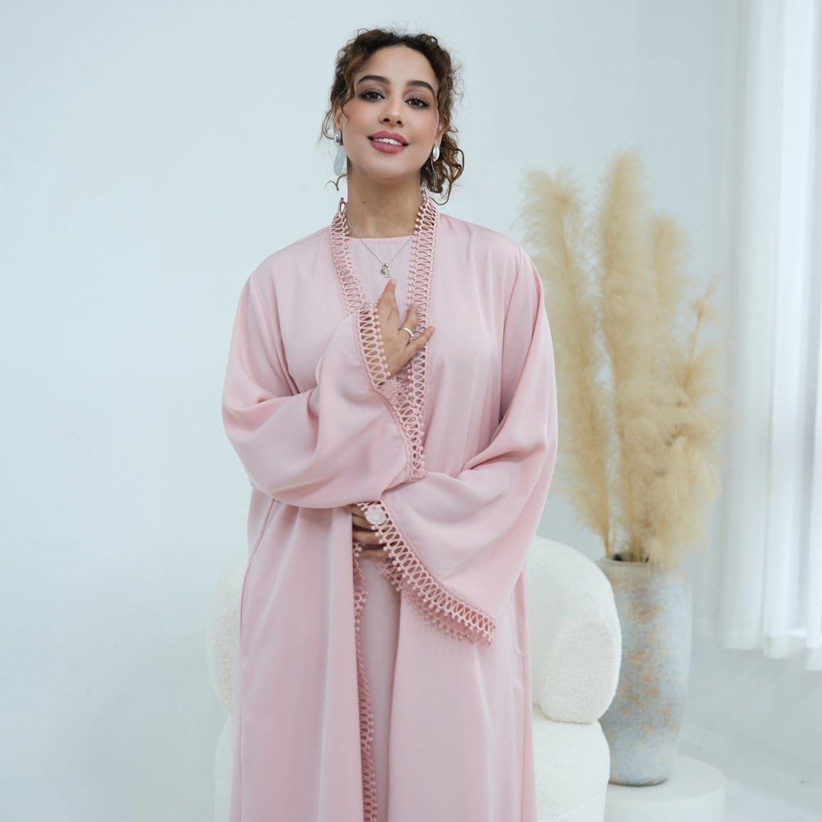 3D Lace Trim Open Abaya & Sleeveless Dress Set(MOA323) - A-1 Thread Vault