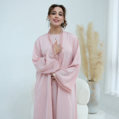 3D Lace Trim Open Abaya & Sleeveless Dress Set(MOA323) - A-1 Thread Vault