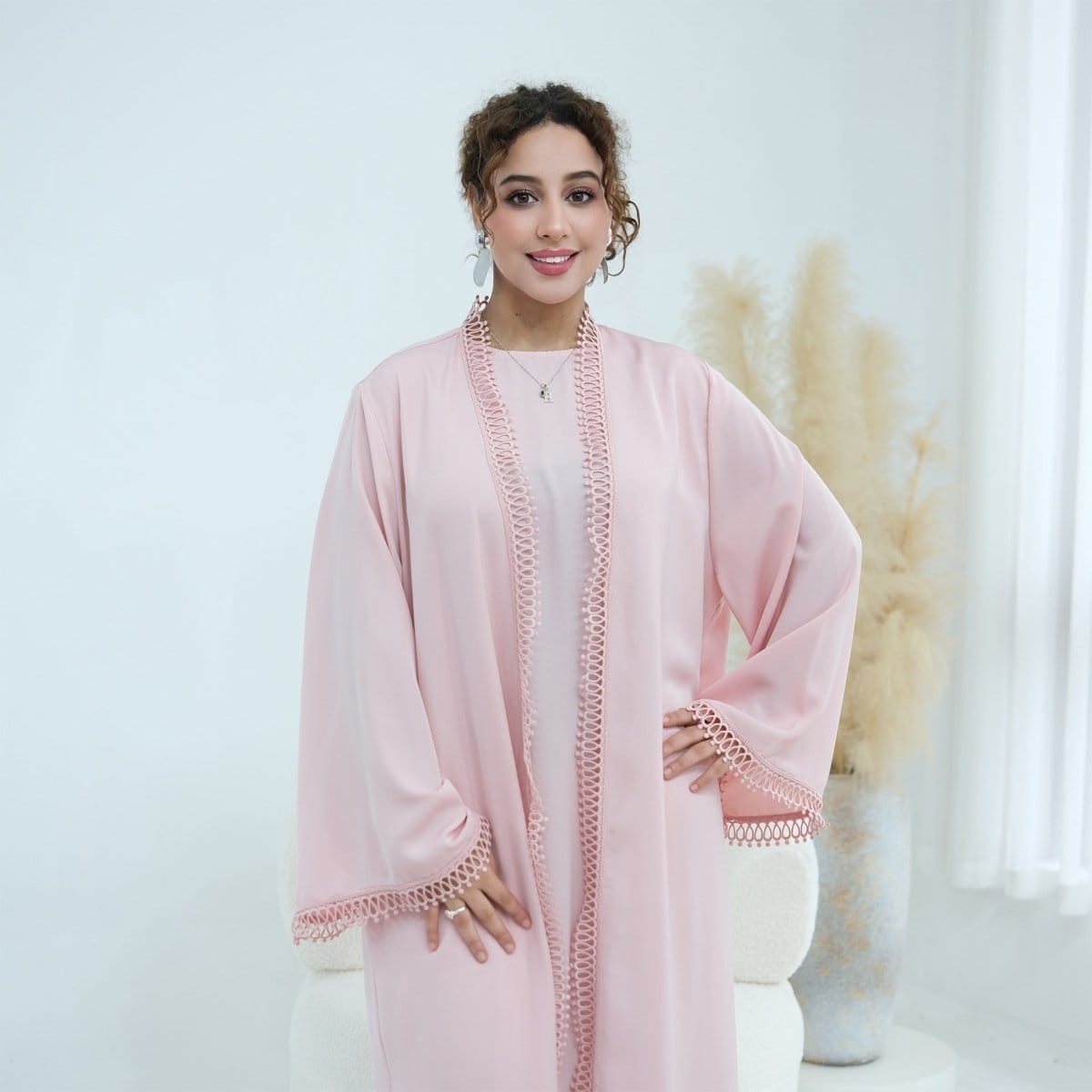 3D Lace Trim Open Abaya & Sleeveless Dress Set(MOA323) - A-1 Thread Vault