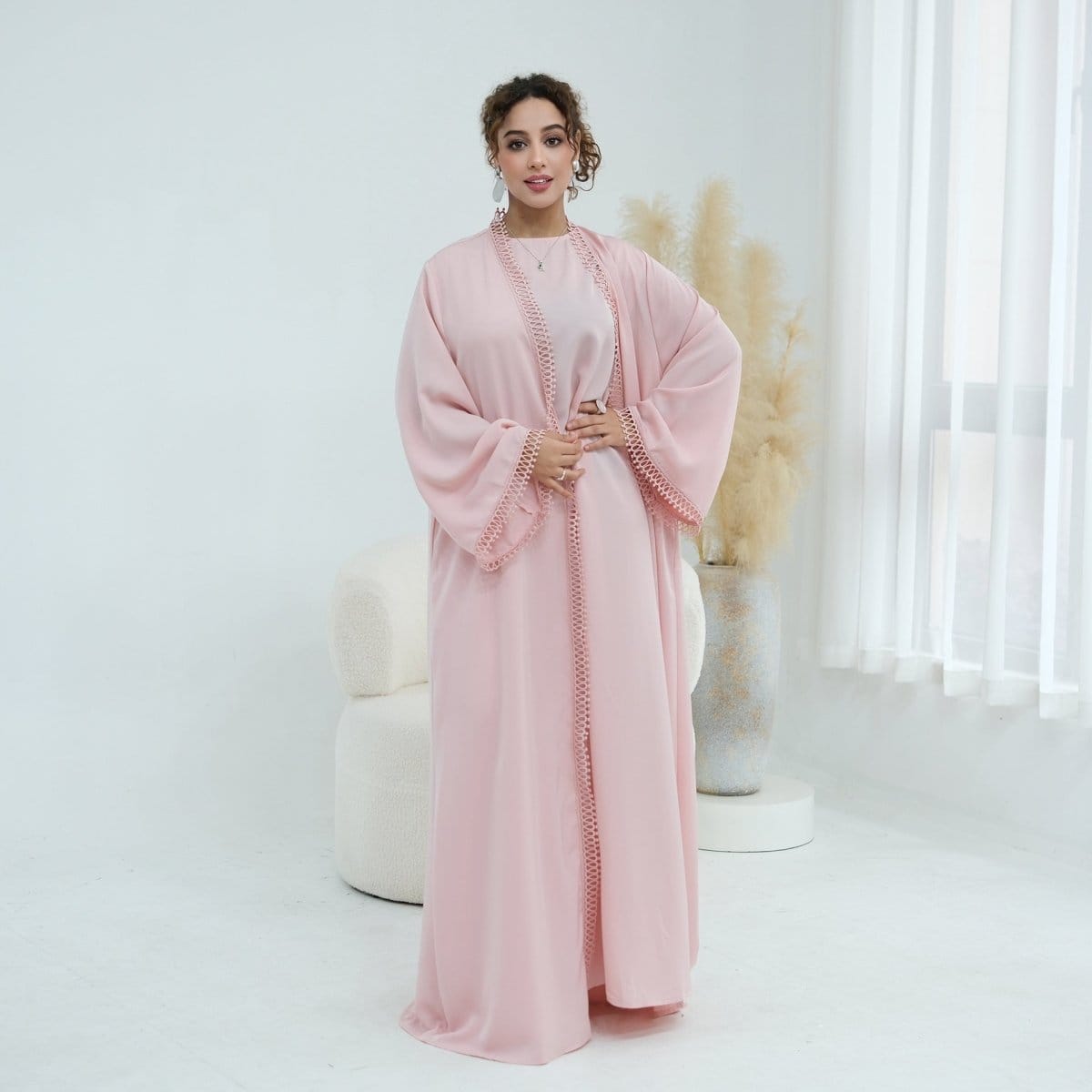 3D Lace Trim Open Abaya & Sleeveless Dress Set(MOA323) - A-1 Thread Vault
