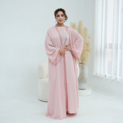 3D Lace Trim Open Abaya & Sleeveless Dress Set(MOA323) - A-1 Thread Vault