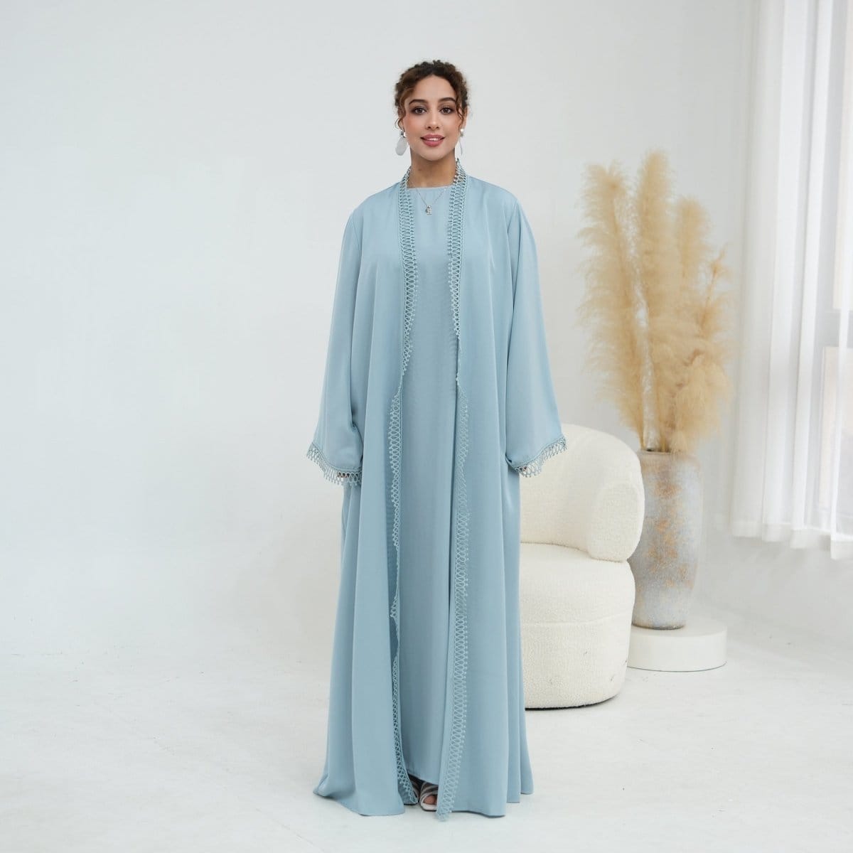 3D Lace Trim Open Abaya & Sleeveless Dress Set(MOA323) - A-1 Thread Vault