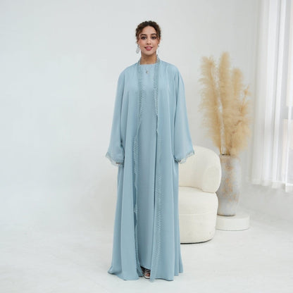 3D Lace Trim Open Abaya & Sleeveless Dress Set(MOA323) - A-1 Thread Vault