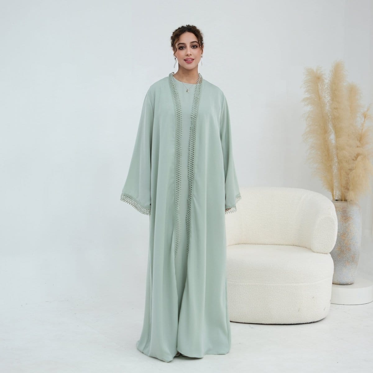 3D Lace Trim Open Abaya & Sleeveless Dress Set(MOA323) - A-1 Thread Vault
