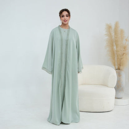 3D Lace Trim Open Abaya & Sleeveless Dress Set(MOA323) - A-1 Thread Vault