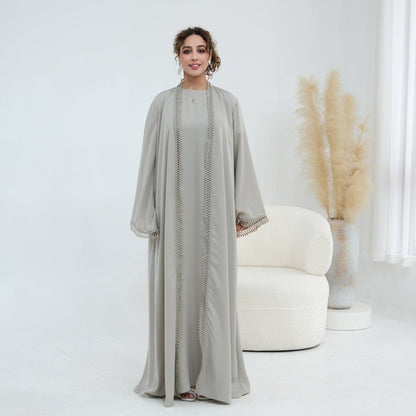 3D Lace Trim Open Abaya & Sleeveless Dress Set(MOA323) - A-1 Thread Vault