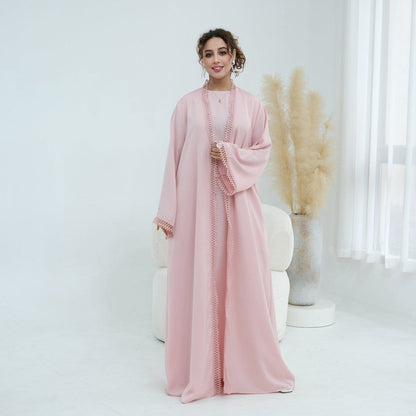 3D Lace Trim Open Abaya & Sleeveless Dress Set(MOA323) - A-1 Thread Vault