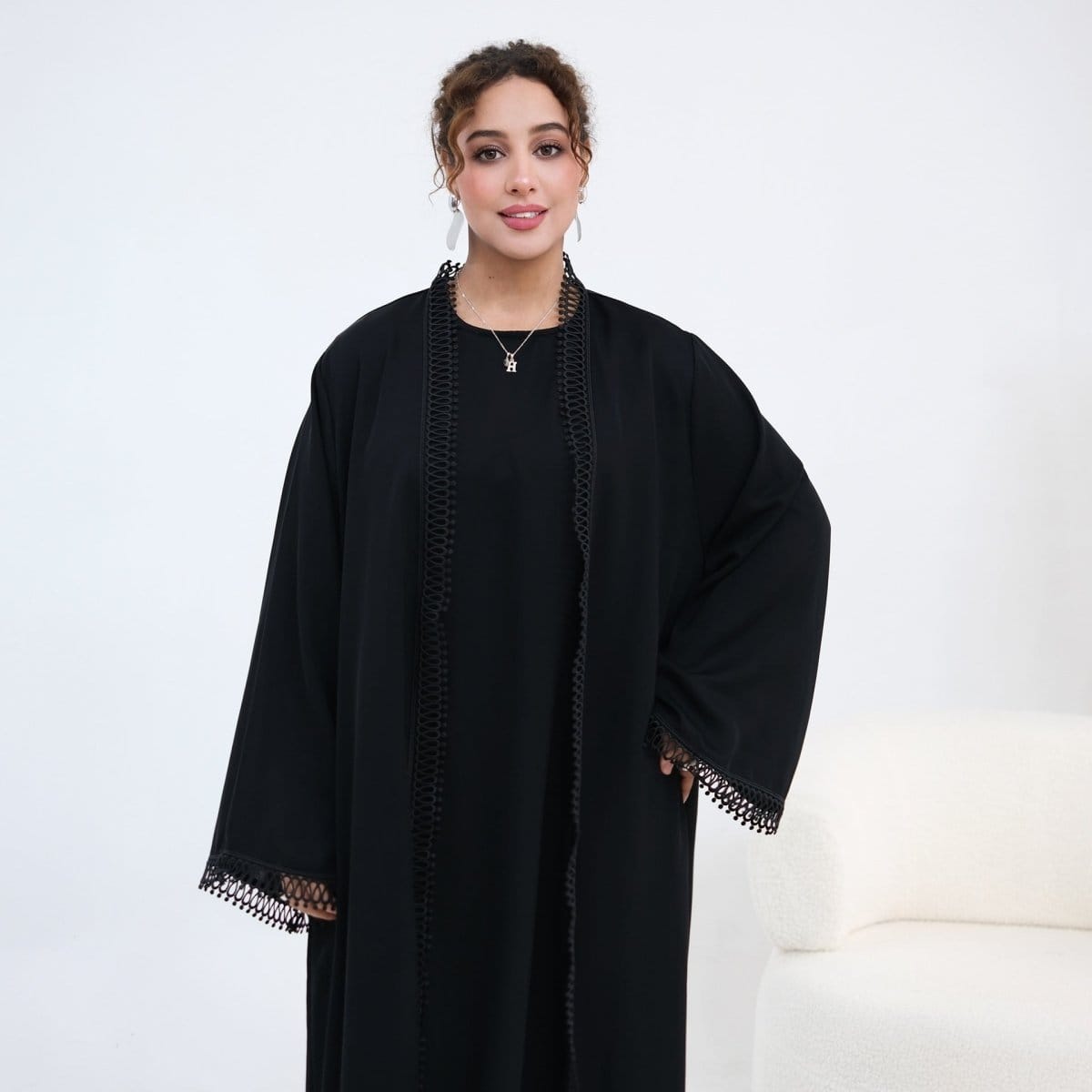 3D Lace Trim Open Abaya & Sleeveless Dress Set(MOA323) - A-1 Thread Vault