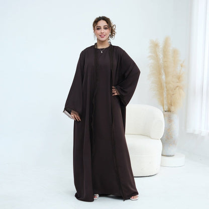 3D Lace Trim Open Abaya & Sleeveless Dress Set(MOA323) - A-1 Thread Vault