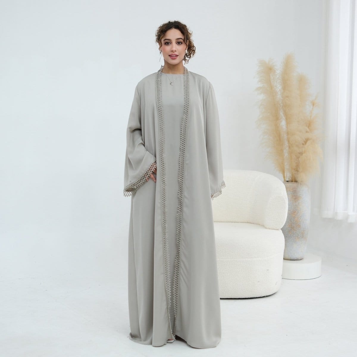 3D Lace Trim Open Abaya & Sleeveless Dress Set(MOA323) - A-1 Thread Vault
