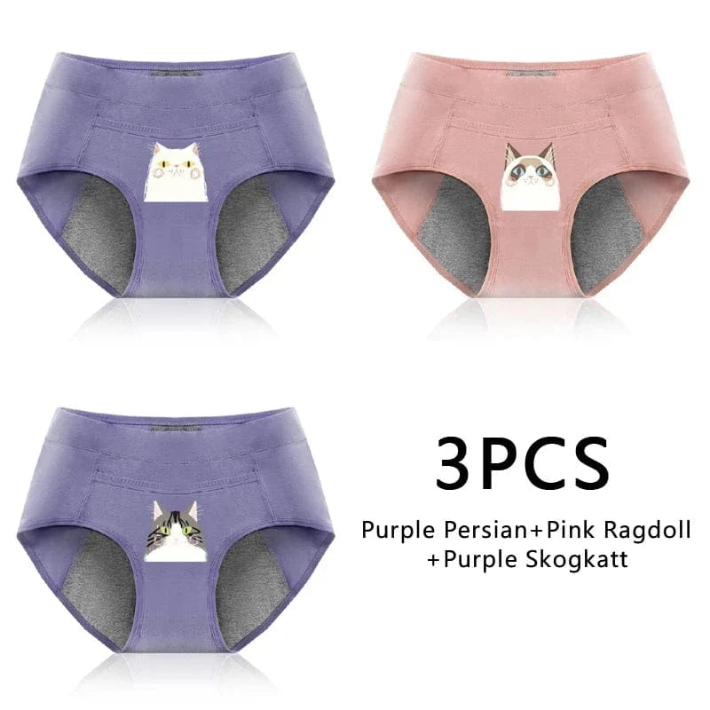 3PCS Cotton Menstrual Panties Leak Proof Breathable Cartoon cat Panties Woman Women Girls Physiological Pants Women's Intimates - A-1 Thread Vault