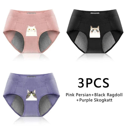 3PCS Cotton Menstrual Panties Leak Proof Breathable Cartoon cat Panties Woman Women Girls Physiological Pants Women's Intimates - A-1 Thread Vault