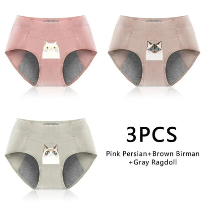 3PCS Cotton Menstrual Panties Leak Proof Breathable Cartoon cat Panties Woman Women Girls Physiological Pants Women's Intimates - A-1 Thread Vault